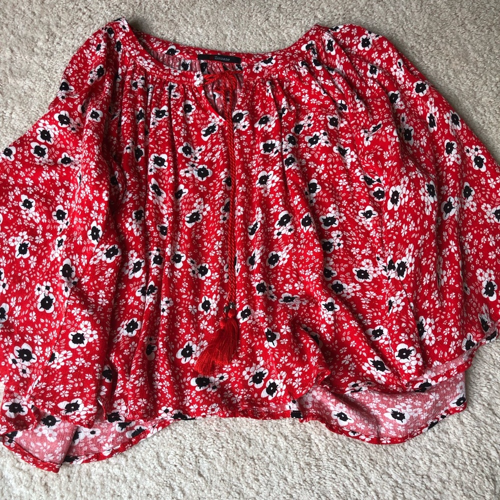 Bell sleeve tunic, red with black floral. Tie neckline, boho chic or vacation